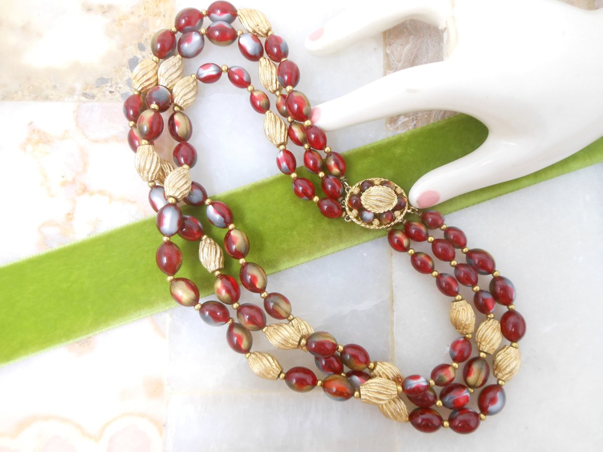 Vintage Art Bead Necklace Russet Red Bib 3 Multi Strand Lucite Plastic Mid Century Fall Autumn Colors Jewelry Gift, VivianJoel.com