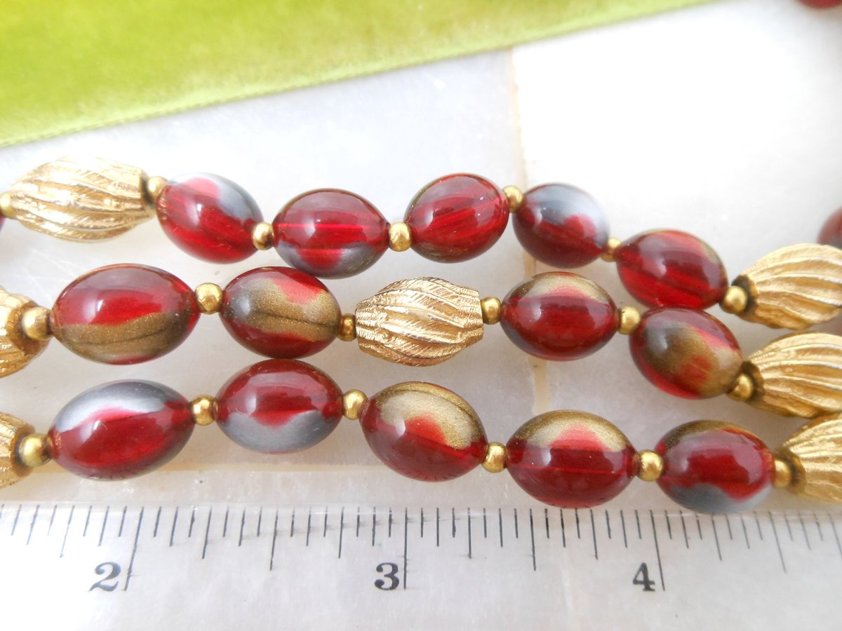 Vintage Art Bead Necklace Russet Red Bib 3 Multi Strand Lucite Plastic Mid Century Fall Autumn Colors Jewelry Gift, VivianJoel.com