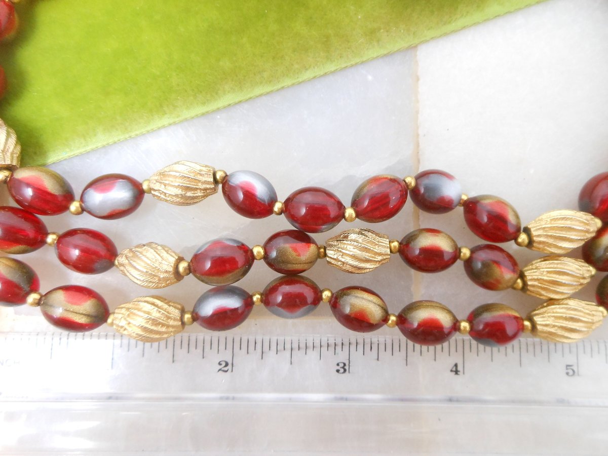 Vintage Art Bead Necklace Russet Red Bib 3 Multi Strand Lucite Plastic Mid Century Fall Autumn Colors Jewelry Gift, VivianJoel.com