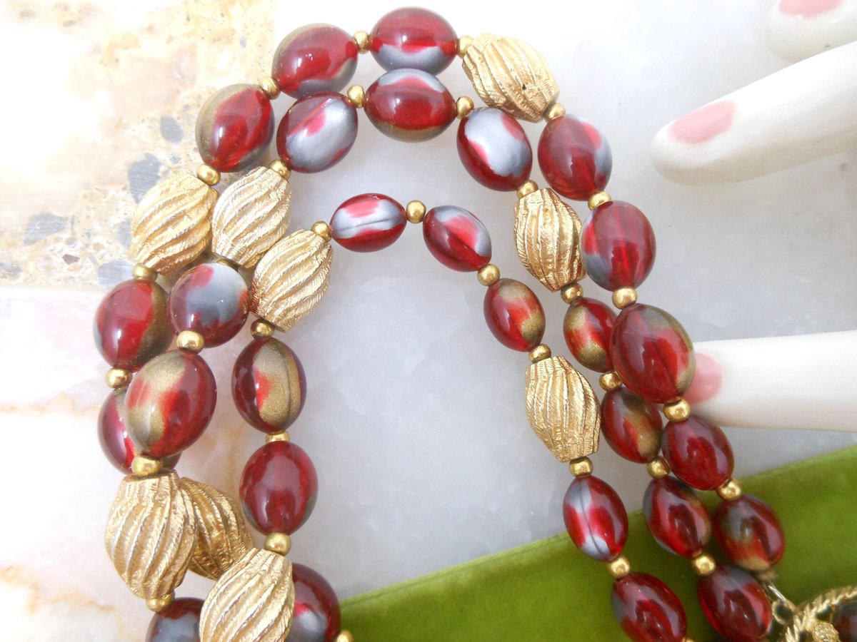 Vintage Art Bead Necklace Russet Red Bib 3 Multi Strand Lucite Plastic Mid Century Fall Autumn Colors Jewelry Gift, VivianJoel.com