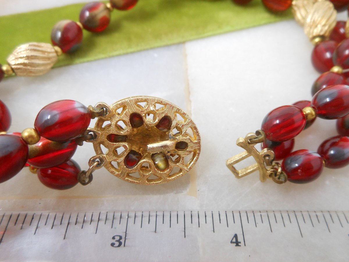 Vintage Art Bead Necklace Russet Red Bib 3 Multi Strand Lucite Plastic Mid Century Fall Autumn Colors Jewelry Gift, VivianJoel.com