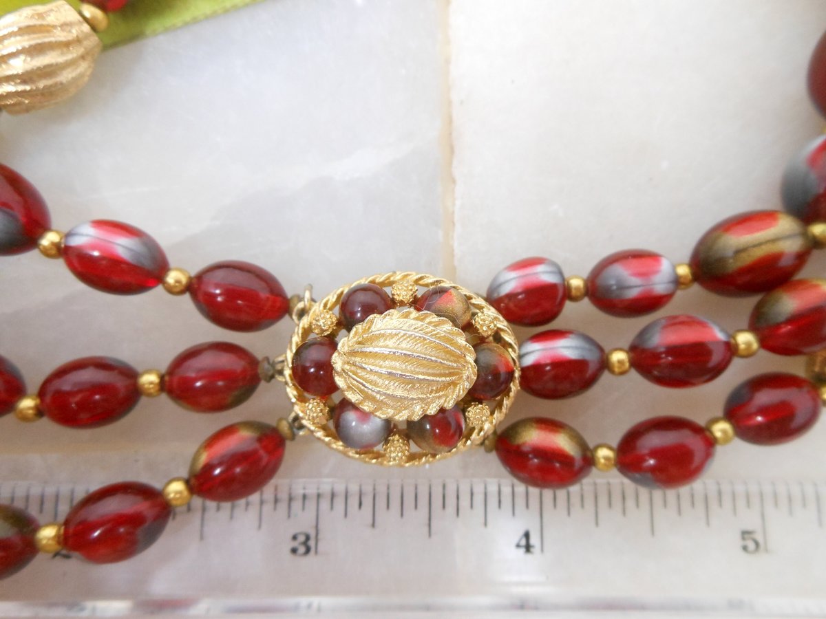 Vintage Art Bead Necklace Russet Red Bib 3 Multi Strand Lucite Plastic Mid Century Fall Autumn Colors Jewelry Gift, VivianJoel.com