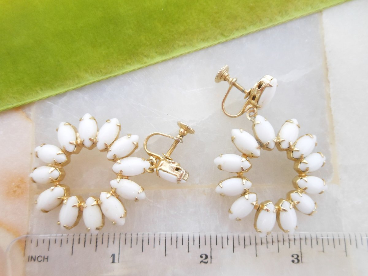 Vintage White Milk Glass Flower Earrings Dangle Drop Screw Back Mod Wedding Jewelry Gift Mid Century, VivianJoel.com