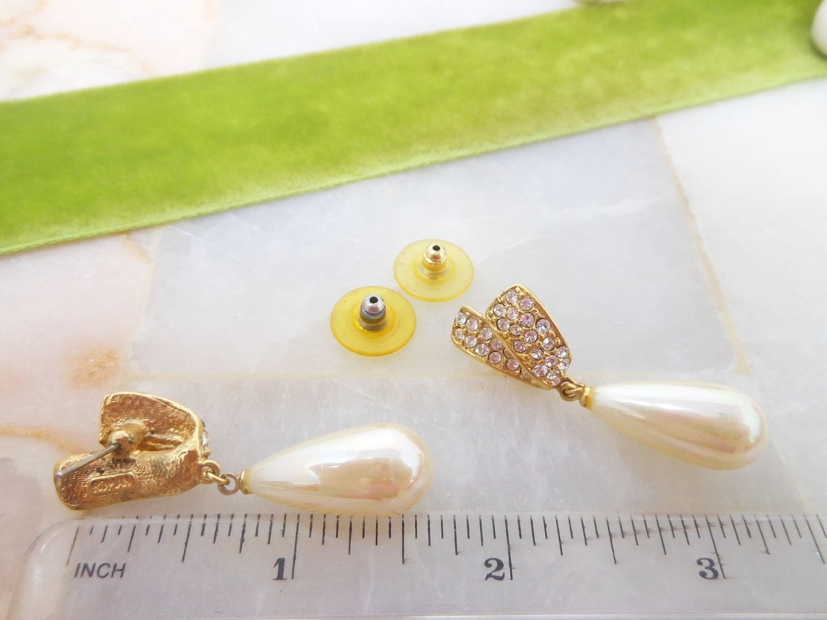 Vintage ROMAN Rhinestone Earrings Faux Pearl Dangle Drop Pierced Post Designer Wedding Jewelry Mid Century Gift, VivianJoel.com