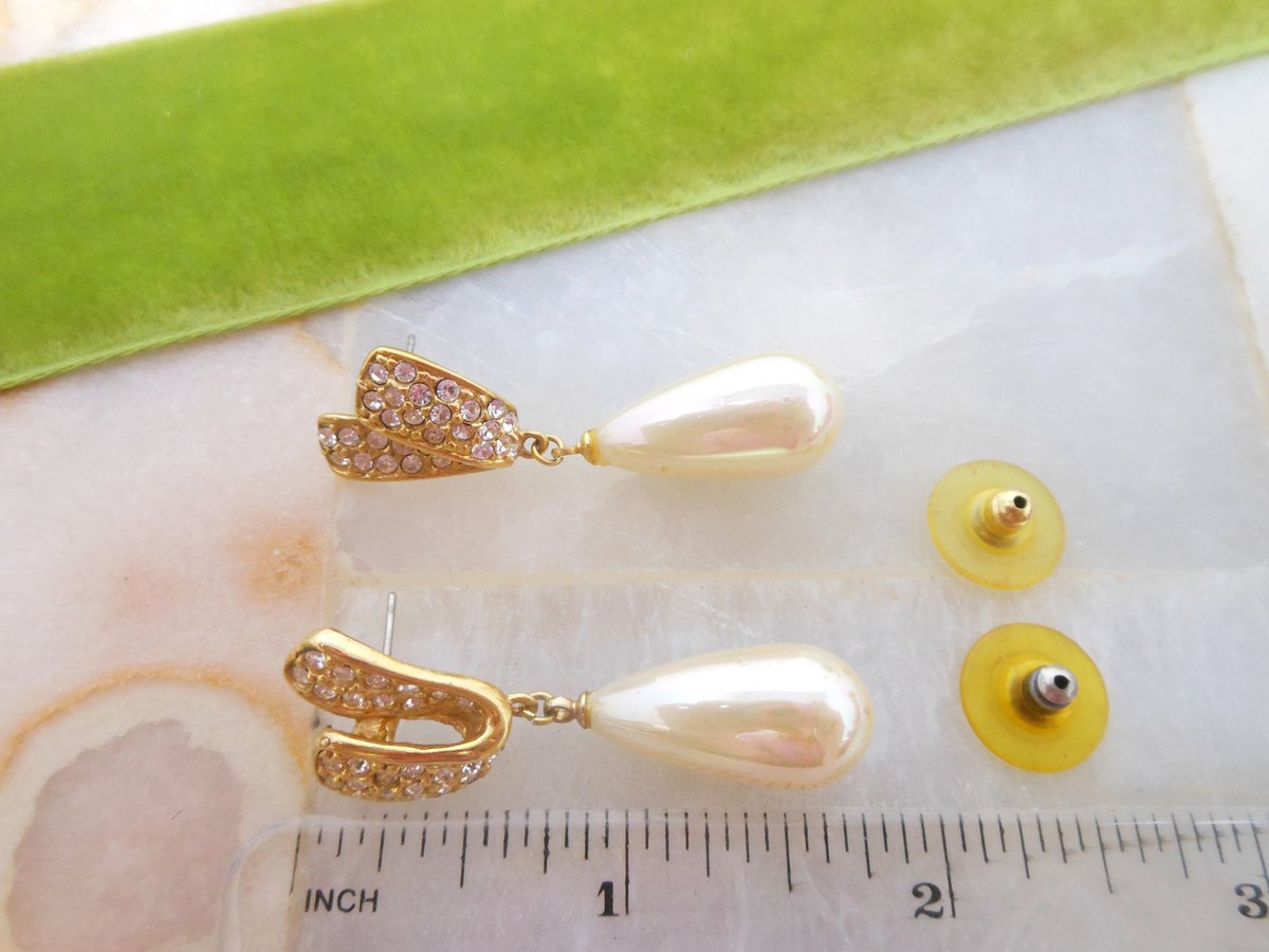 Vintage ROMAN Rhinestone Earrings Faux Pearl Dangle Drop Pierced Post Designer Wedding Jewelry Mid Century Gift, VivianJoel.com