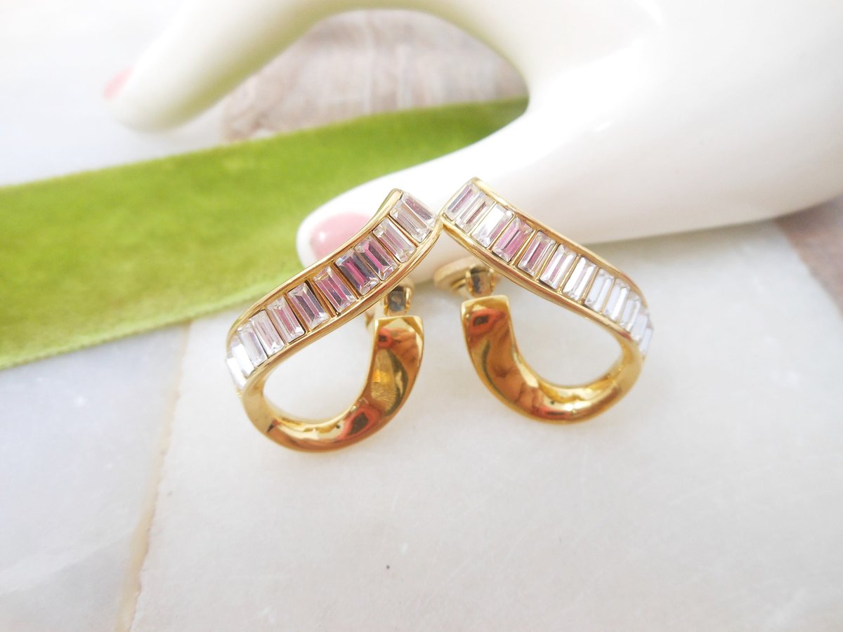 Vintage SWAROVSKI Earrings Hoop Dangle Drop Crystal Baguette Clip On Gold Plate Designer Jewelry Gift, VivianJoel.com