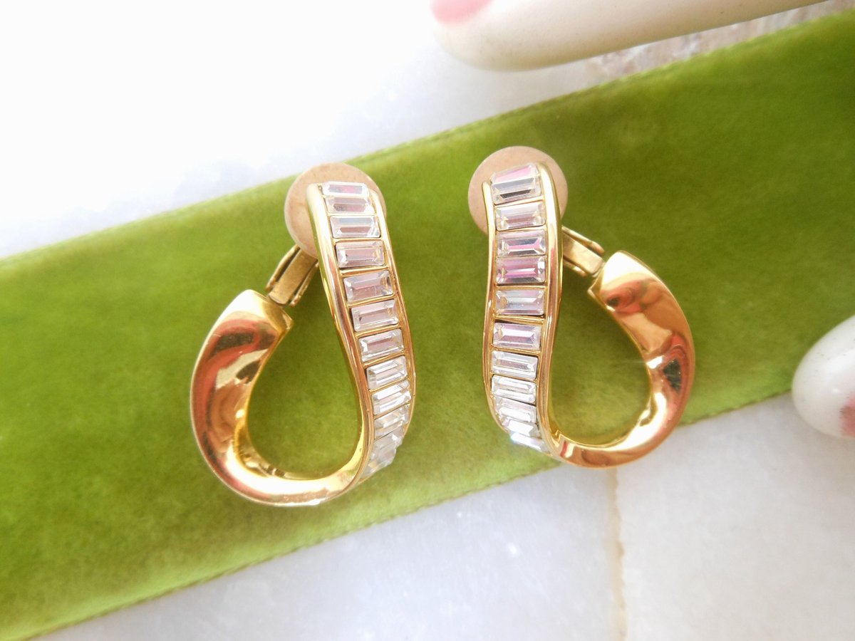 Vintage SWAROVSKI Earrings Hoop Dangle Drop Crystal Baguette Clip On Gold Plate Designer Jewelry Gift, VivianJoel.com