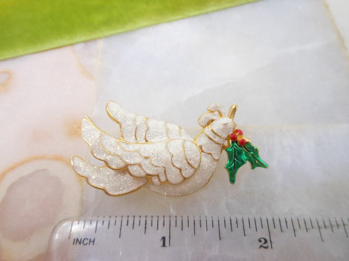 Vintage Christmas Glitter Dove Bird Pin Brooch Enamel Holiday Peace Figural Jewelry Gift, VivianJoel.com
