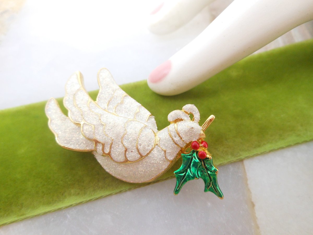 Vintage Christmas Glitter Dove Bird Pin Brooch Enamel Holiday Peace Figural Jewelry Gift, VivianJoel.com
