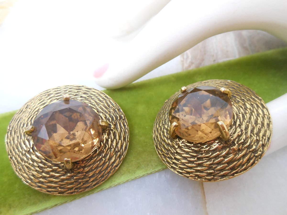 Vintage Huge Topaz Earrings Jumbo Clip On Rhinestone Crystal Runway Mogul Mid Century Jewelry Gift, VivianJoel.com