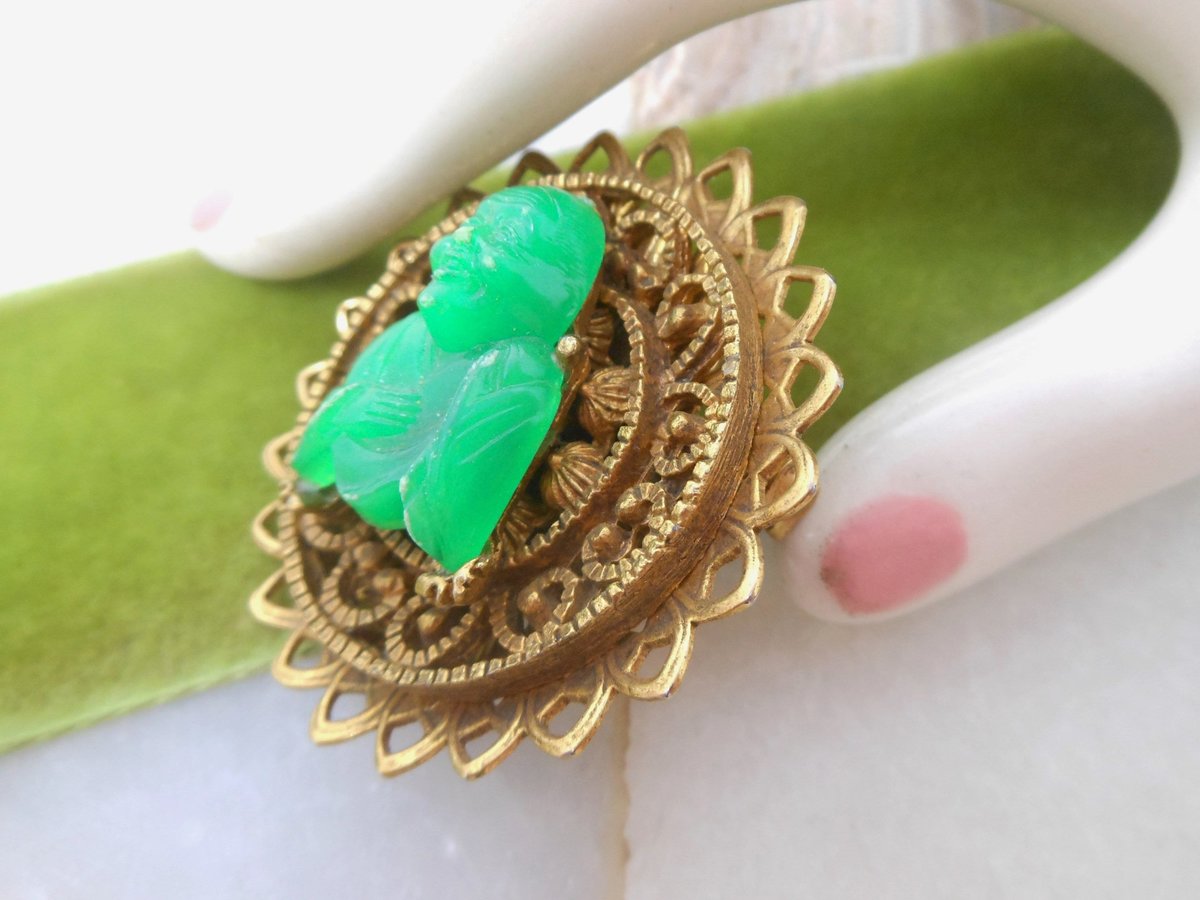 Vintage Buddha Brooch God Ornate Pin Asian Renaissance Victorian Revival Mid Century Jewelry Gift, VivianJoel.com