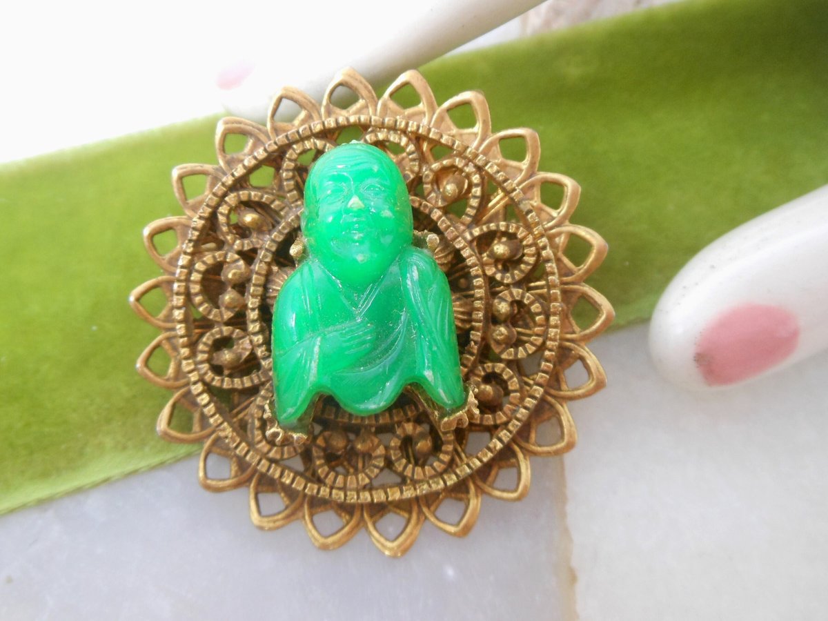 Vintage Buddha Brooch God Ornate Pin Asian Renaissance Victorian Revival Mid Century Jewelry Gift, VivianJoel.com