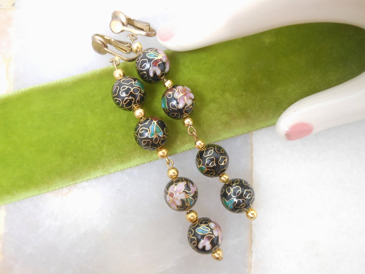 Vintage Cloisonne Earrings Black Pink Flower Bead Dangle Enamel Drop Clip On Mid Century Jewelry Gift, VivianJoel.com
