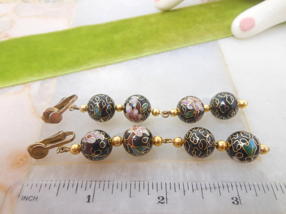 Vintage Cloisonne Earrings Black Pink Flower Bead Dangle Enamel Drop Clip On Mid Century Jewelry Gift, VivianJoel.com