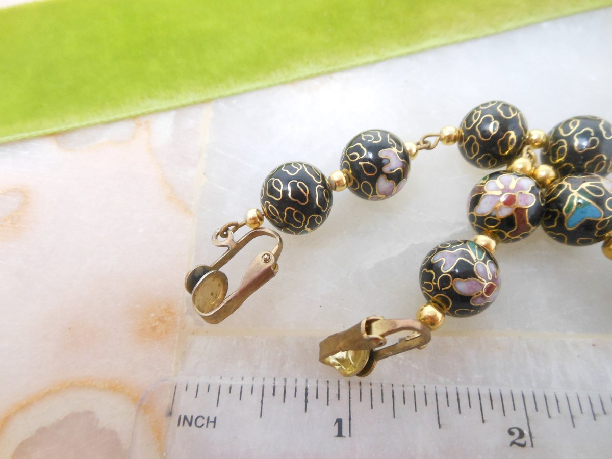 Vintage Cloisonne Earrings Black Pink Flower Bead Dangle Enamel Drop Clip On Mid Century Jewelry Gift, VivianJoel.com