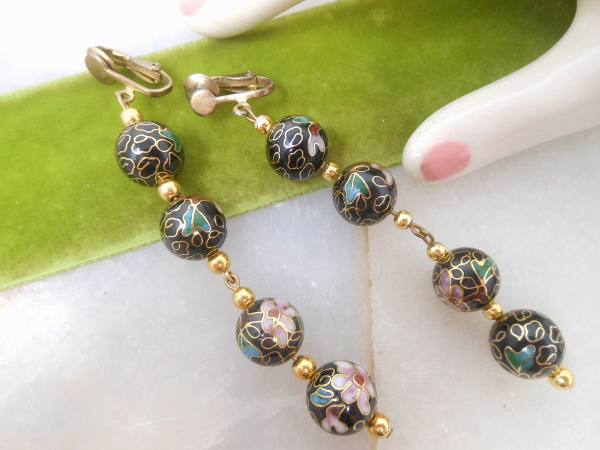 Vintage Cloisonne Earrings Black Pink Flower Bead Dangle Enamel Drop Clip On Mid Century Jewelry Gift, VivianJoel.com