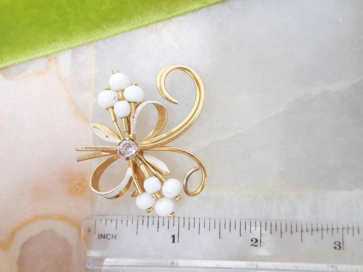 Vintage AUSTRIA Brooch Flower Bow Milk Glass Crystal Rhinestone Pin White Wedding Designer Jewelry Gift Mid Century, VivianJoel.com