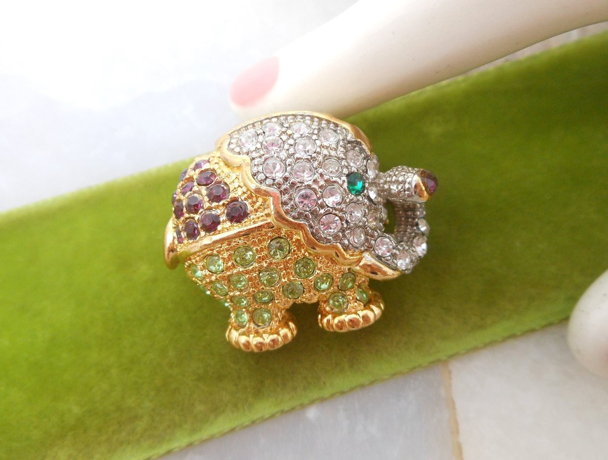 Vintage LOT 3 Elephant Rhinestone Pin Brooch Chunky Fruit Salad Crystal Figural Resin Plastic Mid Century Jewelry Gift, VivianJoel.com