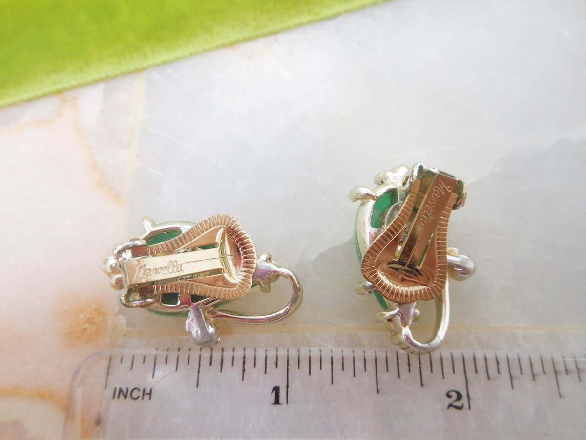 Vintage KRAMER Earrings Clip On Green Lucite Rhinestone Designer Jewelry Gift Mid Century, VivianJoel.com