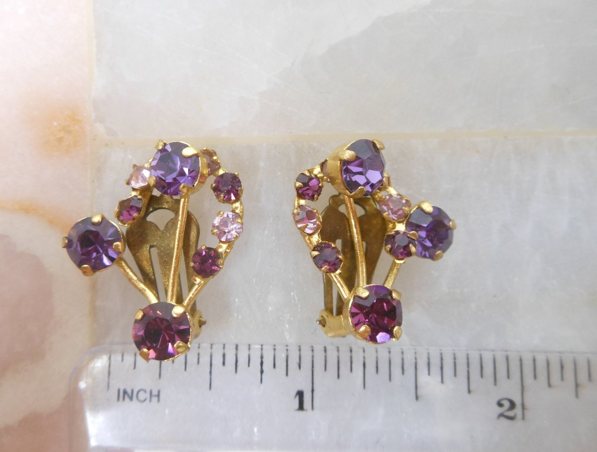 Vintage AUSTRIA Earrings Clip On Amethyst Purple Pink Crystal Rhinestone Flower Jewelry Gift Mid Century, VivianJoel.com