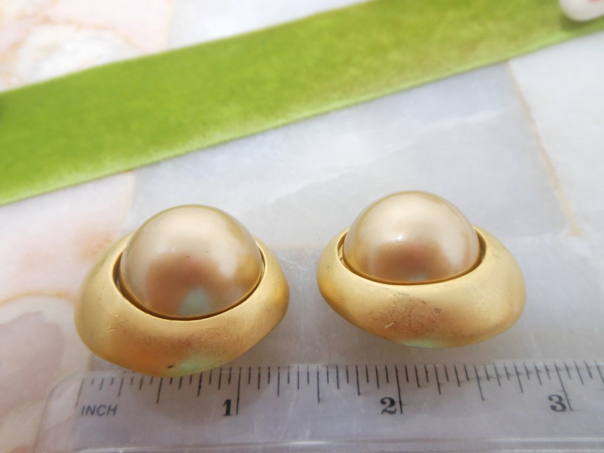 Vintage CAROLEE Earrings Chunky Golden Pearl Matte Gold Tone Plate Clip On Designer Runway Jewelry Gift, VivianJoel.com
