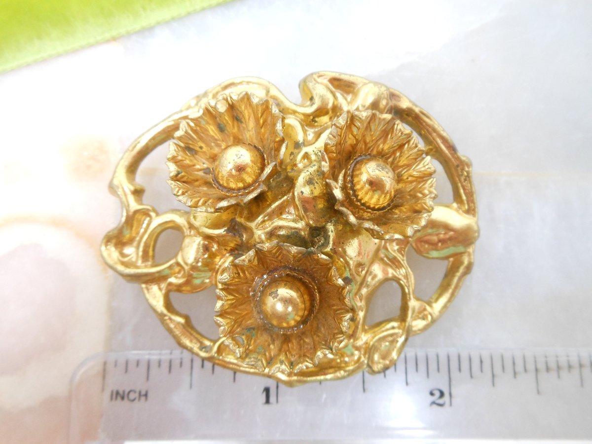 Vintage Flower Cluster Brooch Pin Stamped Brass Gold Tone Victorian Revival Mid Century Jewelry Gift, VivianJoel.com