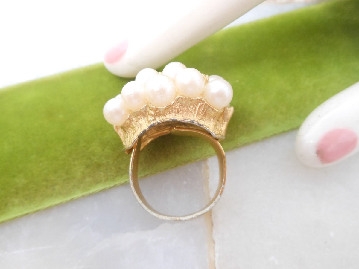 Vintage Chunky Ring Pearl Rhinestone Cocktail Size 8.5 Adjustable Victorian Revival Jewelry Mid Century, VivianJoel.com