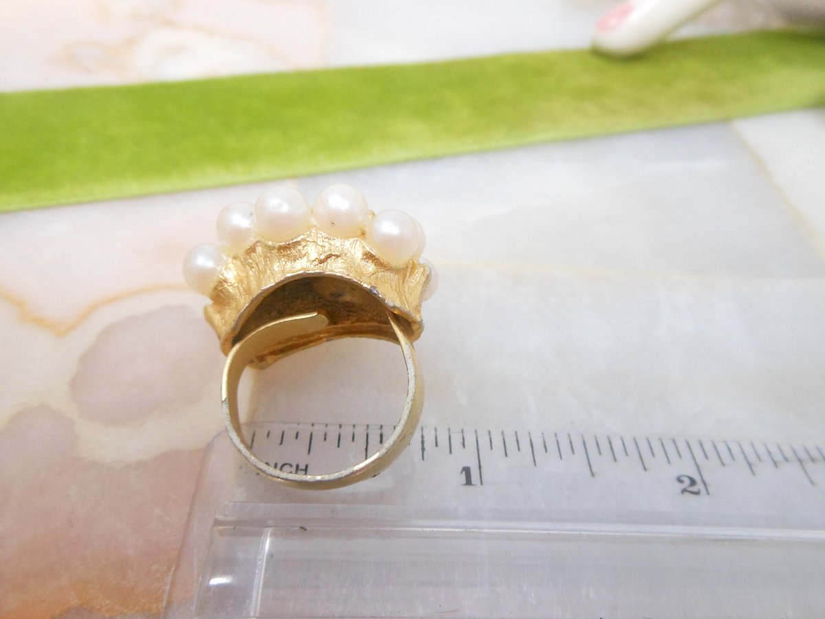 Vintage Chunky Ring Pearl Rhinestone Cocktail Size 8.5 Adjustable Victorian Revival Jewelry Mid Century, VivianJoel.com