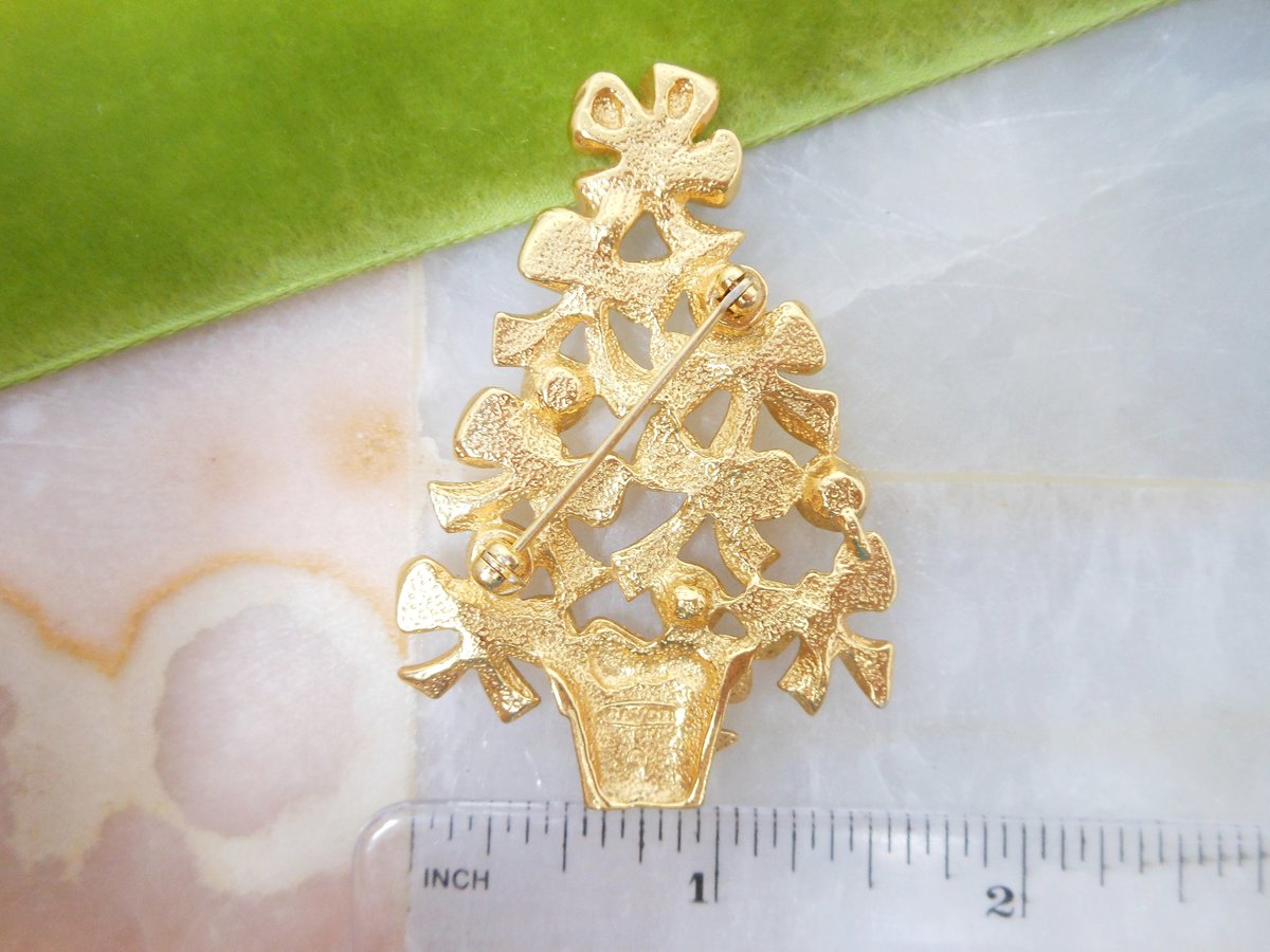 Vintage AVON Christmas Tree Bow Pin Brooch Designer Aurora Borealis Rhinestone Jewelry Mid Century Gift, VivianJoel.com