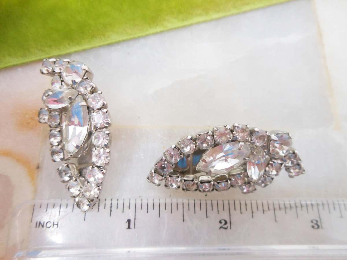 Vintage Ice Rhinestone Brooch Set Clear Crystal Leaf Pin Earrings Large Flower Jewelry Gift Mid Century, VivianJoel.com