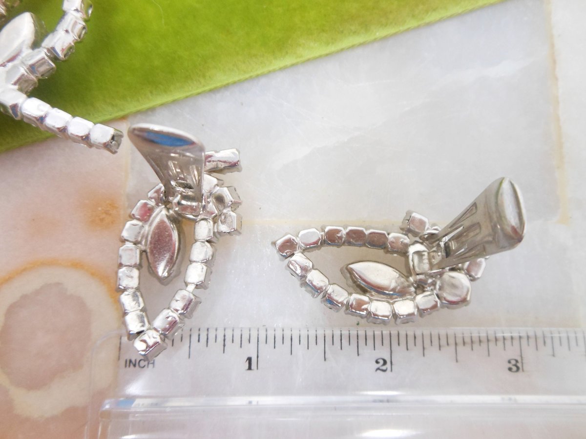 Vintage Ice Rhinestone Brooch Set Clear Crystal Leaf Pin Earrings Large Flower Jewelry Gift Mid Century, VivianJoel.com