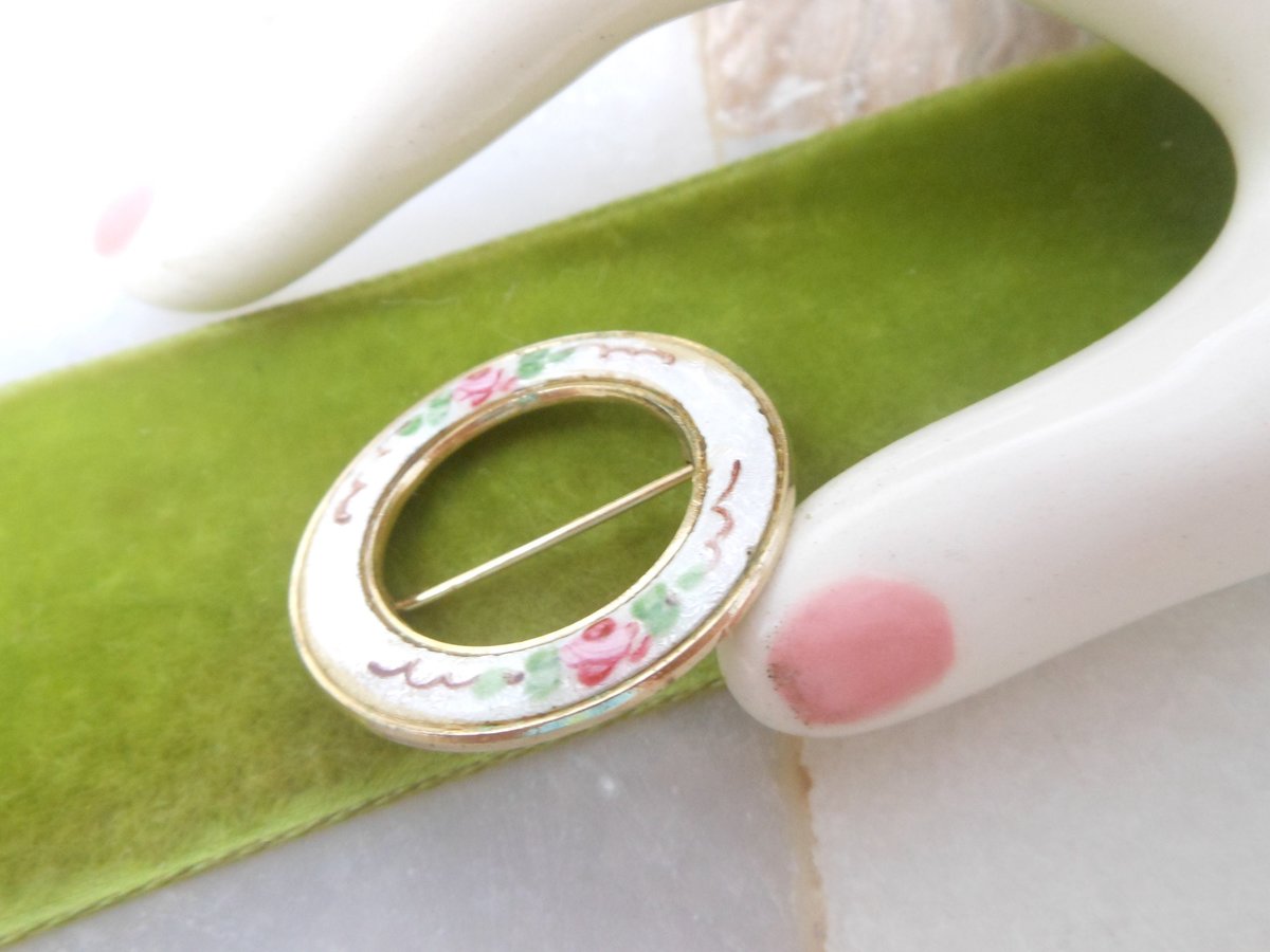 Vintage Rose Guilloche Brooch Enamel Circle Flower Pin Pink Wreath Petite Mid Century Jewelry Gift, VivianJoel.com