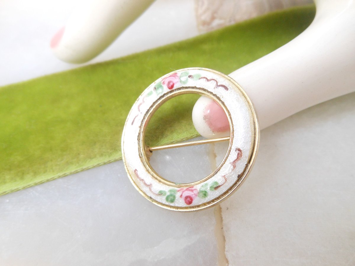 Vintage Rose Guilloche Brooch Enamel Circle Flower Pin Pink Wreath Petite Mid Century Jewelry Gift, VivianJoel.com