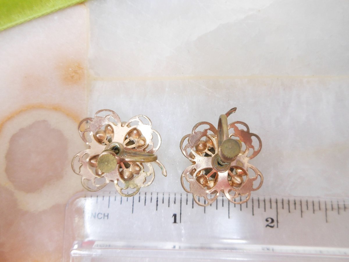 Vintage Emerald Earrings Green Rhinestone Flower Clover Screw Back Victorian Revival Mid Century Jewelry Gift, VivianJoel.com