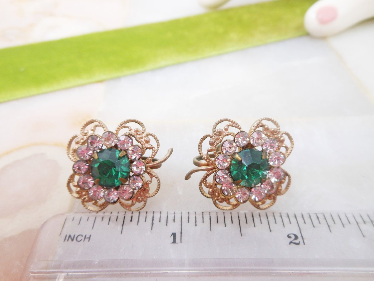 Vintage Emerald Earrings Green Rhinestone Flower Clover Screw Back Victorian Revival Mid Century Jewelry Gift, VivianJoel.com
