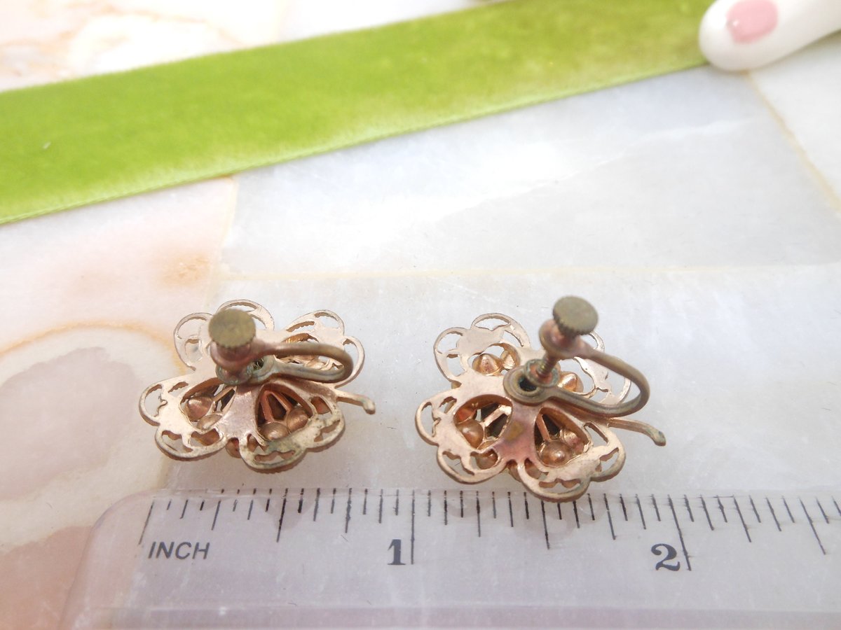 Vintage Emerald Earrings Green Rhinestone Flower Clover Screw Back Victorian Revival Mid Century Jewelry Gift, VivianJoel.com