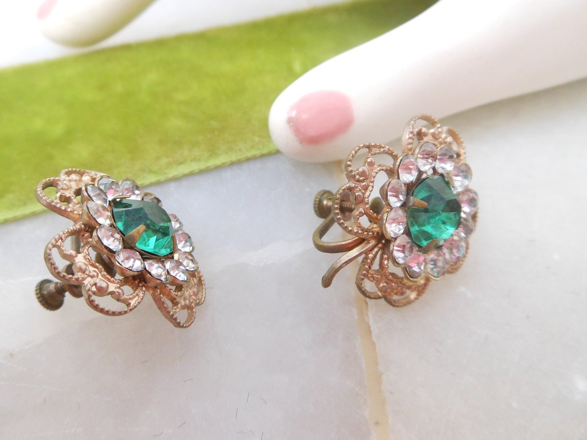 Vintage Emerald Earrings Green Rhinestone Flower Clover Screw Back Victorian Revival Mid Century Jewelry Gift, VivianJoel.com