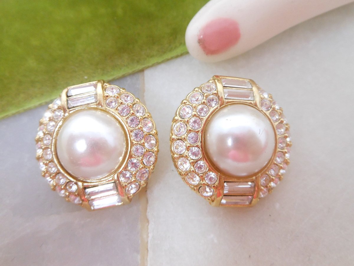 Vintage Pearl Rhinestone Earrings Chunky Clip On Gold Plate Mogul Glam Runway Statement Jewelry Gift, VivianJoel.com