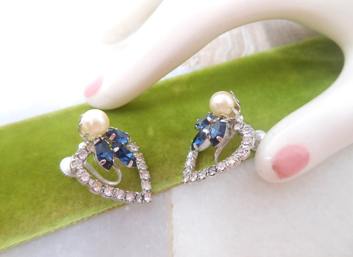 Vintage Blue Flower Heart Earrings Rhinestone Screw Back Faux Pearl Ornate Jewelry Gift Mid Century, VivianJoel.com