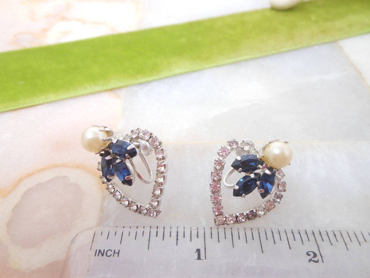 Vintage Blue Flower Heart Earrings Rhinestone Screw Back Faux Pearl Ornate Jewelry Gift Mid Century, VivianJoel.com