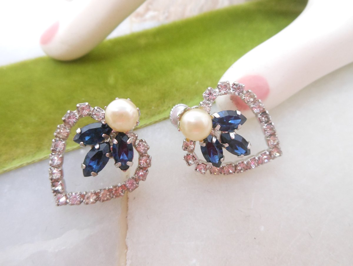 Vintage Blue Flower Heart Earrings Rhinestone Screw Back Faux Pearl Ornate Jewelry Gift Mid Century, VivianJoel.com