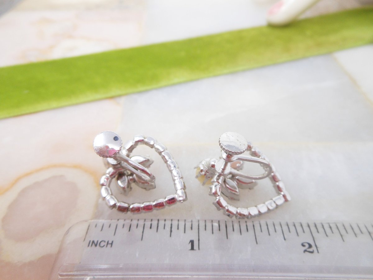 Vintage Blue Flower Heart Earrings Rhinestone Screw Back Faux Pearl Ornate Jewelry Gift Mid Century, VivianJoel.com