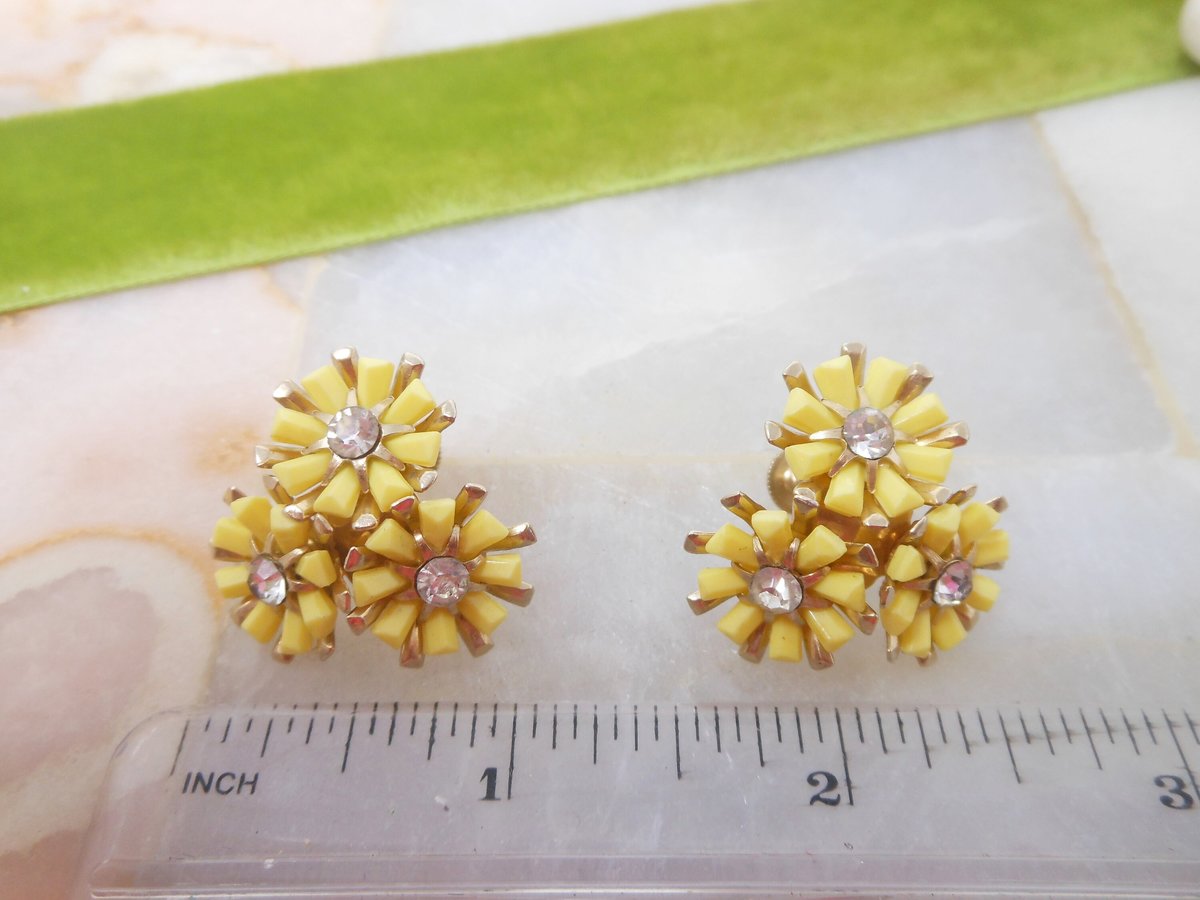 Vintage CORO Earrings Yellow Flower Rhinestone Screw Back Cluster Plastic Designer Mid Century Jewelry Gift,  VivianJoel.com