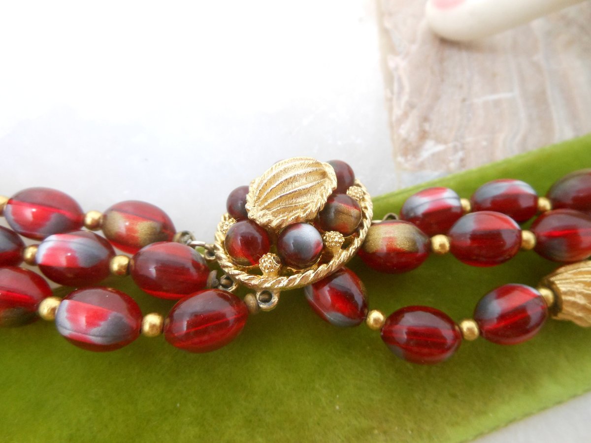 Vintage Art Bead Necklace Russet Red Bib 3 Multi Strand Lucite Plastic Mid Century Fall Autumn Colors Jewelry Gift, VivianJoel.com