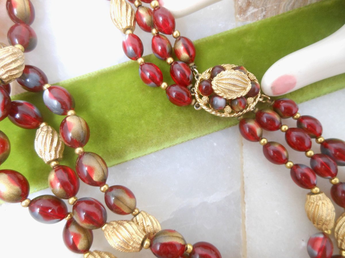 Vintage Art Bead Necklace Russet Red Bib 3 Multi Strand Lucite Plastic Mid Century Fall Autumn Colors Jewelry Gift, VivianJoel.com