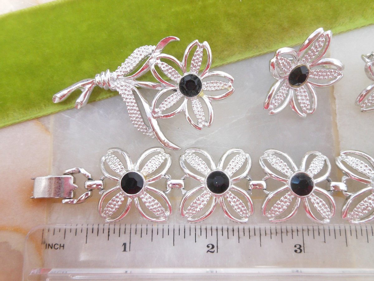 Vintage SARAH COVENTRY Black Beauty Pin Brooch Bracelet Earrings Set Parure Rhinestone Mid Century Designer Jewelry Gift, VivianJoel.com