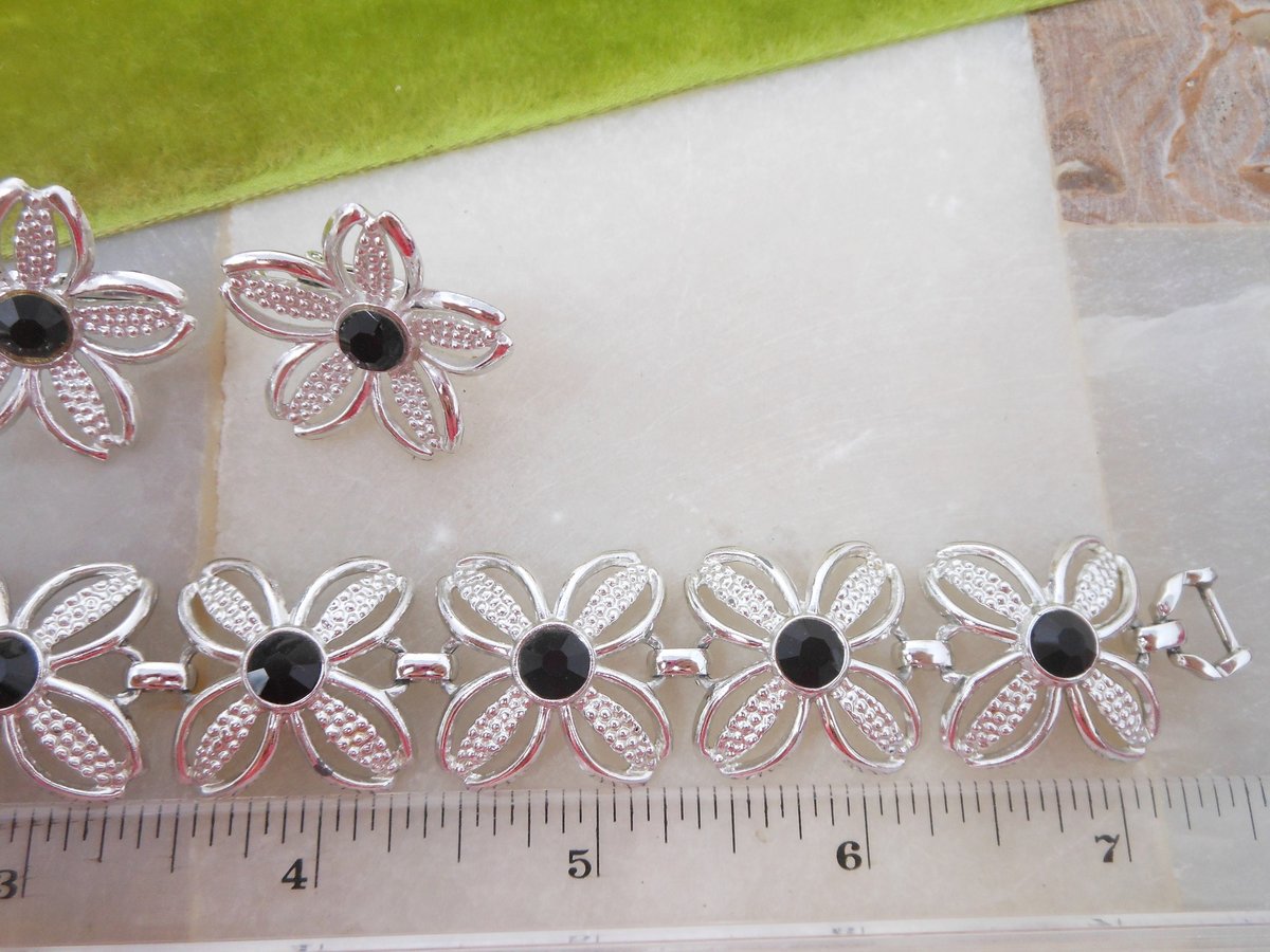 Vintage SARAH COVENTRY Black Beauty Pin Brooch Bracelet Earrings Set Parure Rhinestone Mid Century Designer Jewelry Gift, VivianJoel.com