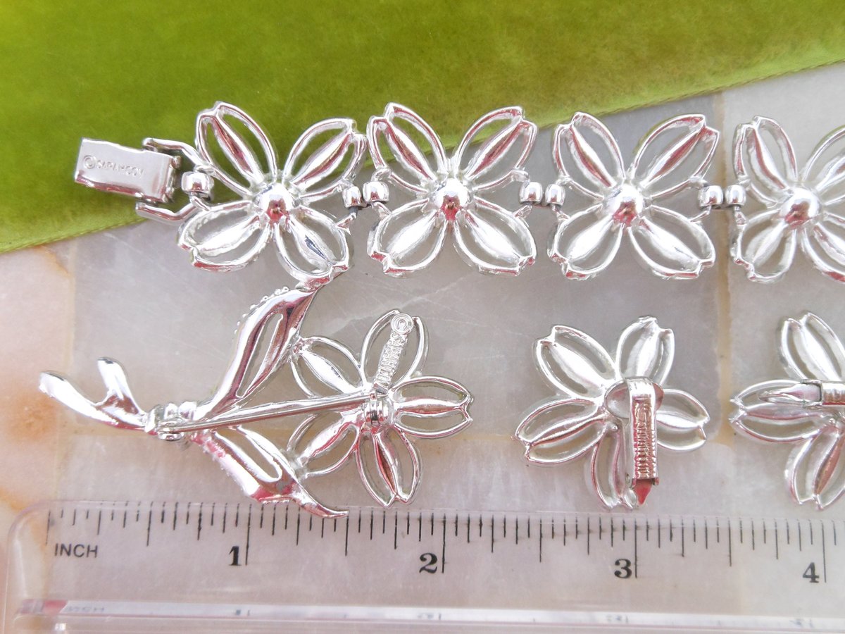 Vintage SARAH COVENTRY Black Beauty Pin Brooch Bracelet Earrings Set Parure Rhinestone Mid Century Designer Jewelry Gift, VivianJoel.com