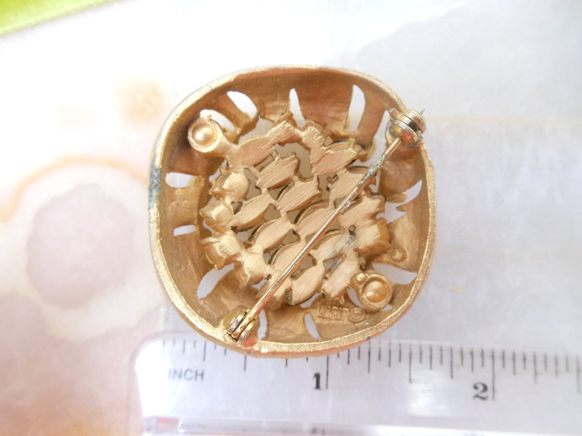 Vintage BSK Flower Brooch Designer Rhinestone Golden Mum Pin Atomic Mid Century Jewelry Gift, VivianJoel.com