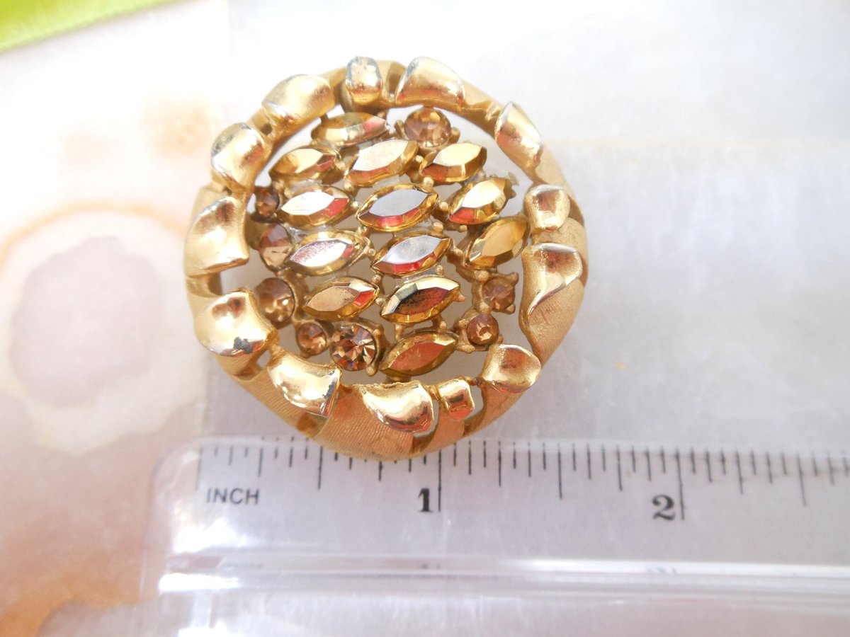 Vintage BSK Flower Brooch Designer Rhinestone Golden Mum Pin Atomic Mid Century Jewelry Gift, VivianJoel.com